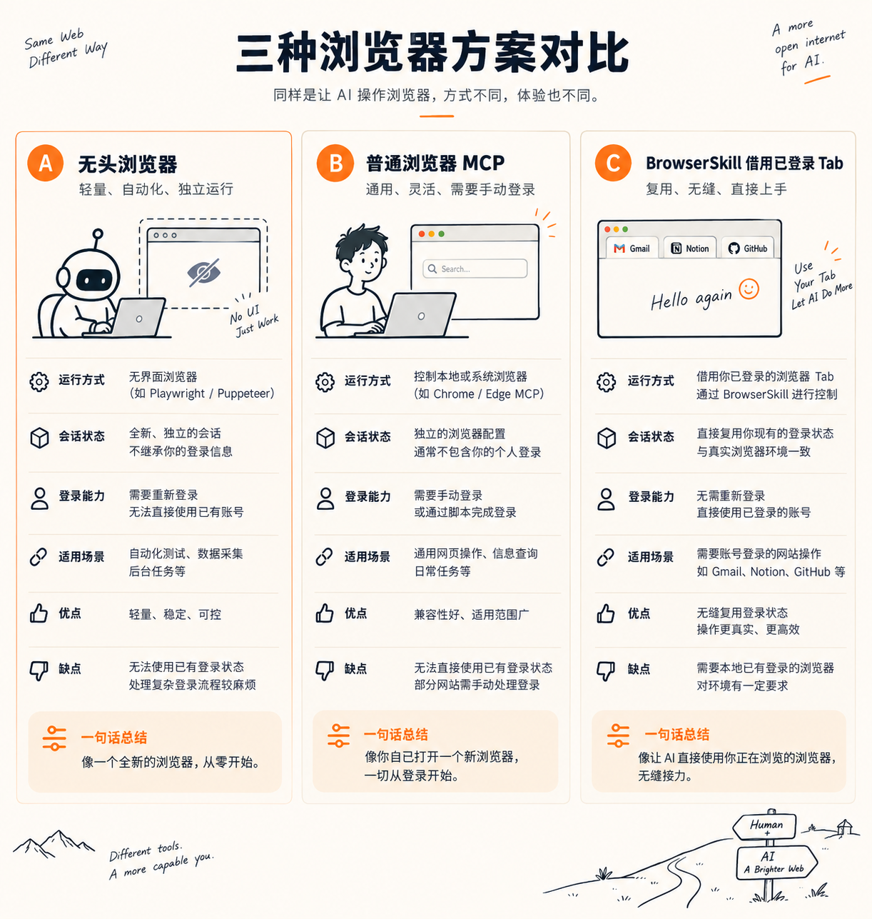 无头浏览器 / MCP / BrowserSkill 对照