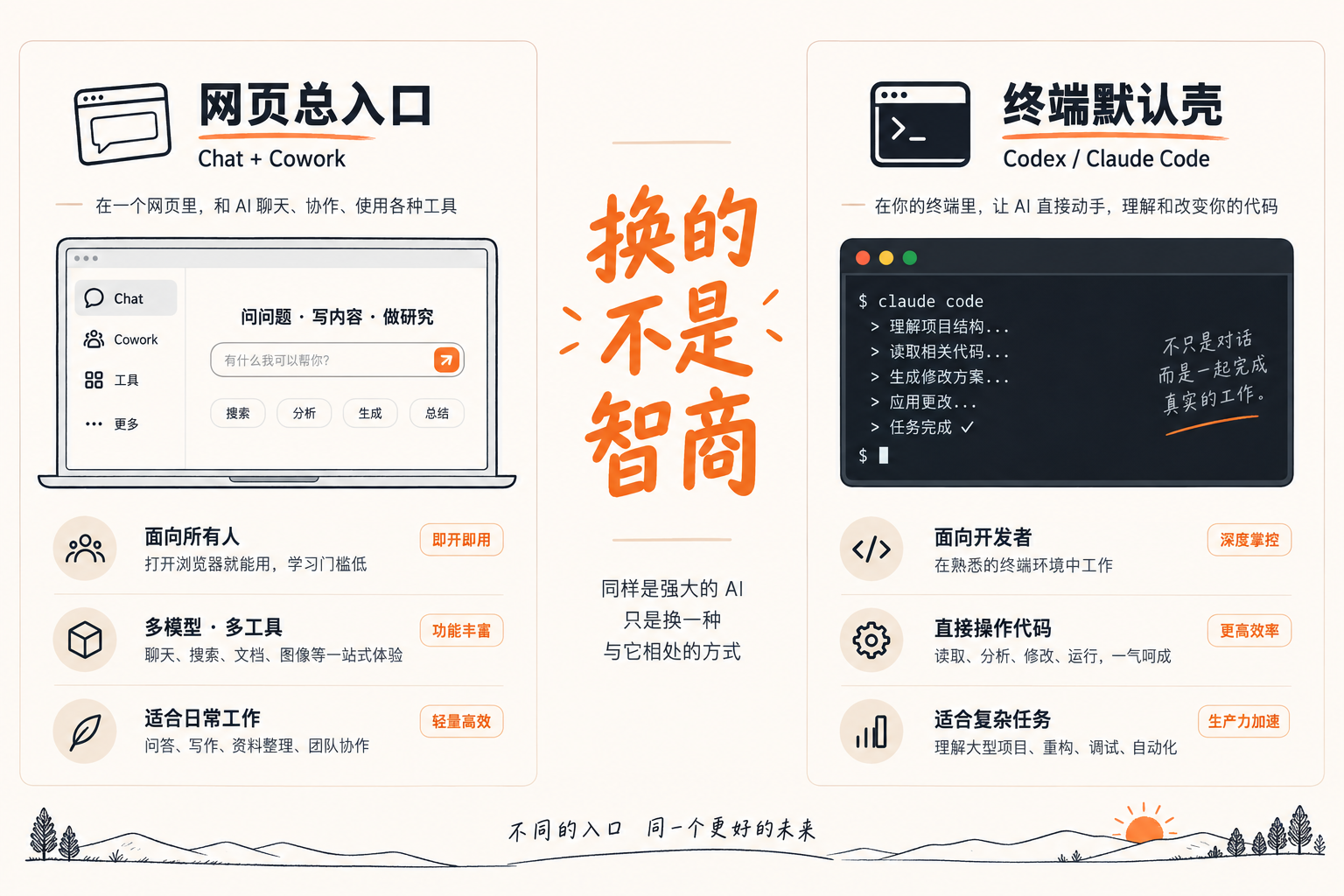 双入口：网页总入口 Chat+Cowork vs 终端默认壳 Codex/Claude Code